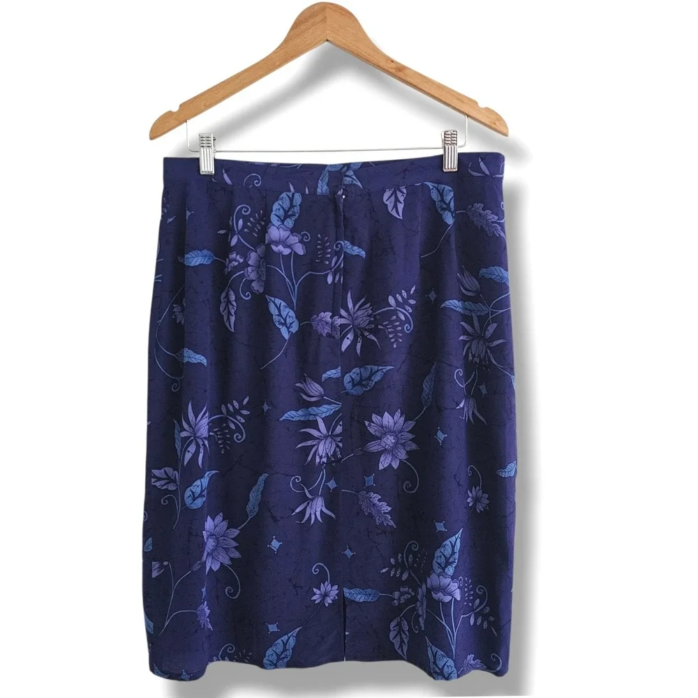 Vintage 100% Silk Midi Skirt 16 Purple Blue Dark Floral Pencil Whimsigoth 90s 00